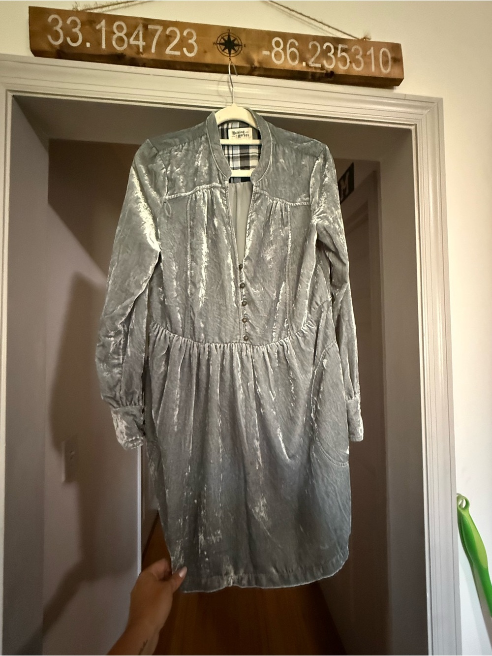 HOLDING HORSES Silver Crushed Velvet Long-Sleeve Dress